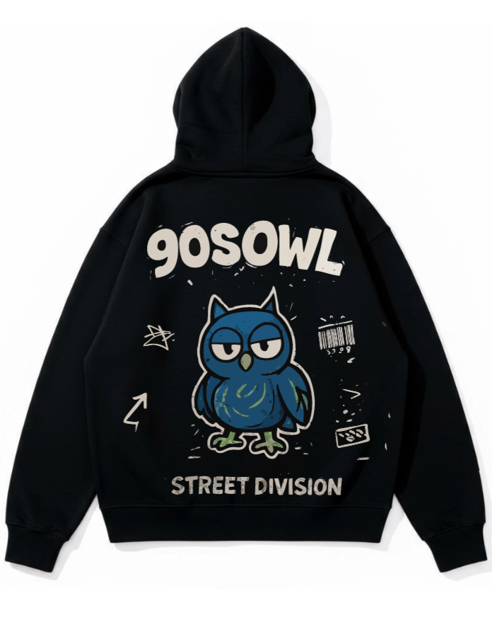 90sOWL Street Division Oversized Hoodie – Night Black Edition